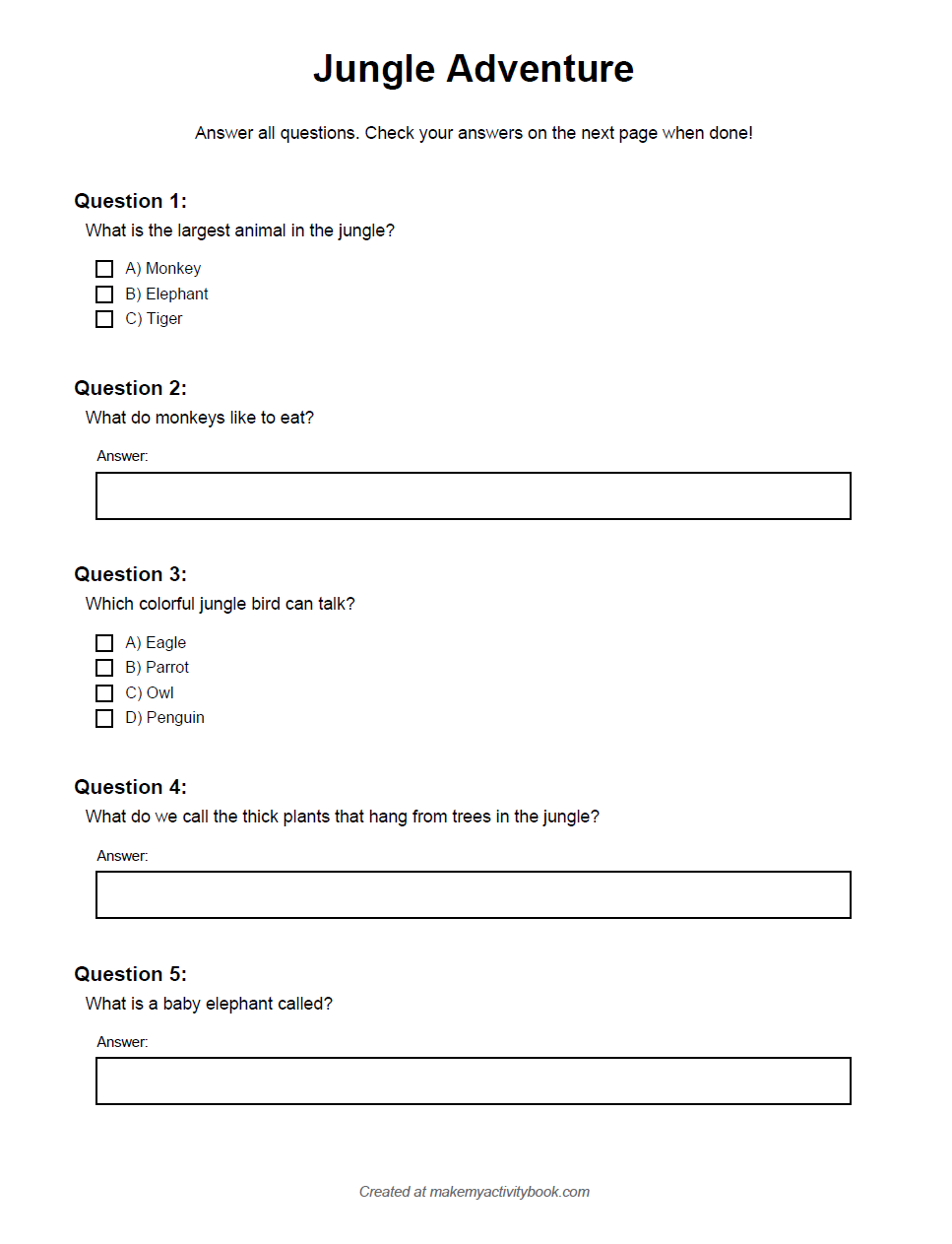 Free printable jungle adventure quiz for kids with animal facts and rainforest questions