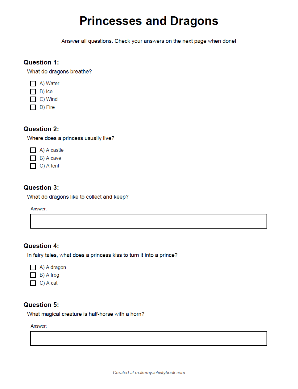 Free printable princess and dragon quiz for kids with fairy tale trivia and fantasy questions