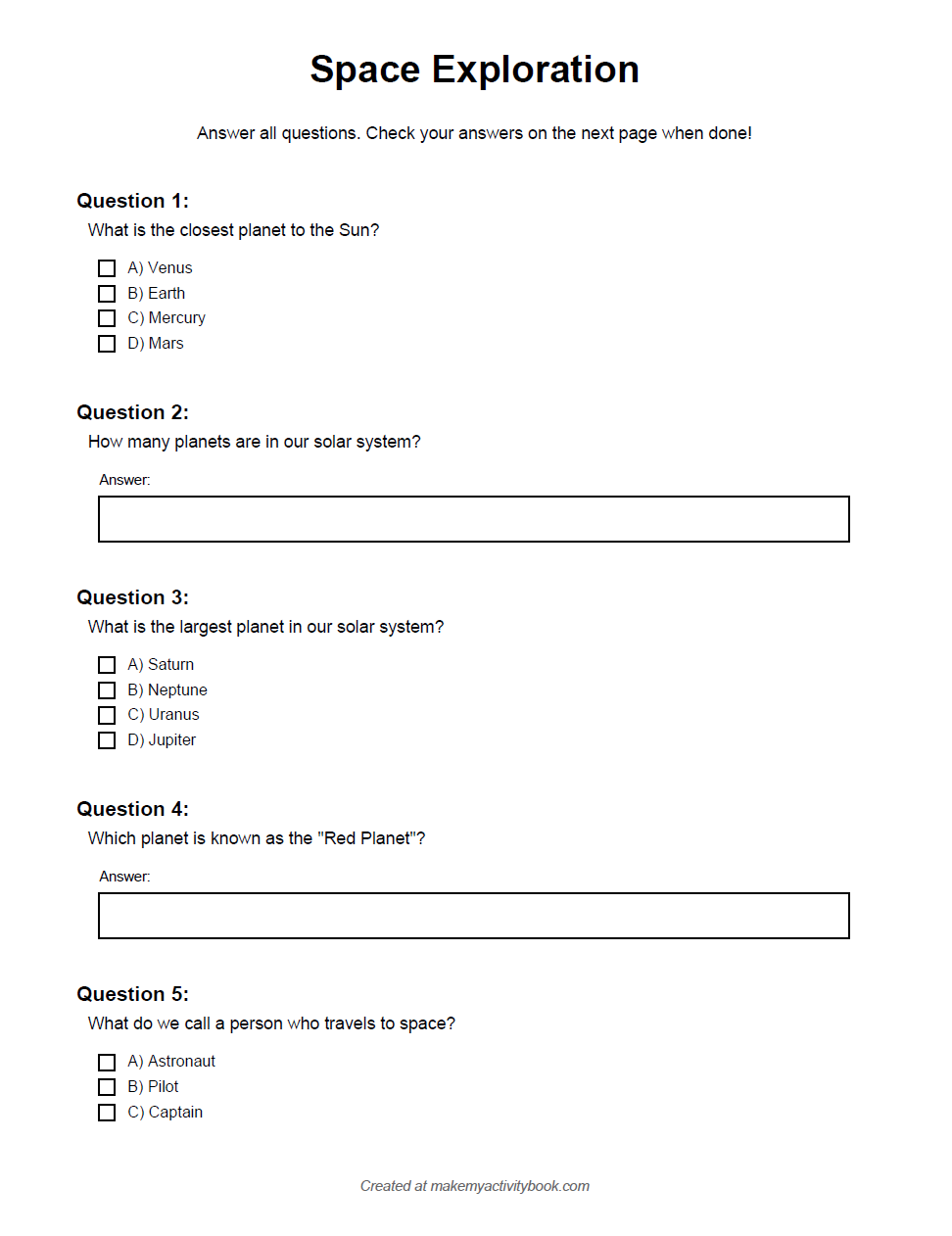 Free printable quiz for kids with multiple choice and written answer questions