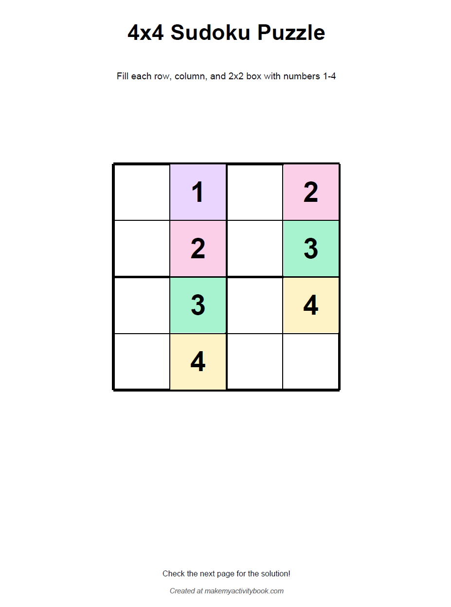 Free printable 4x4 sudoku puzzle for kids ages 5-8 with colorful numbers