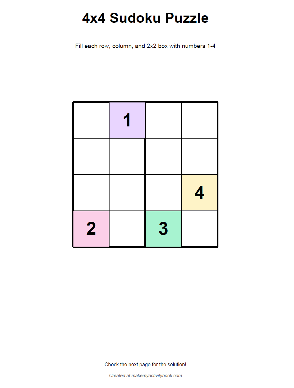 Free printable hard 4x4 sudoku puzzle for kids ages 7-8 with colorful numbers