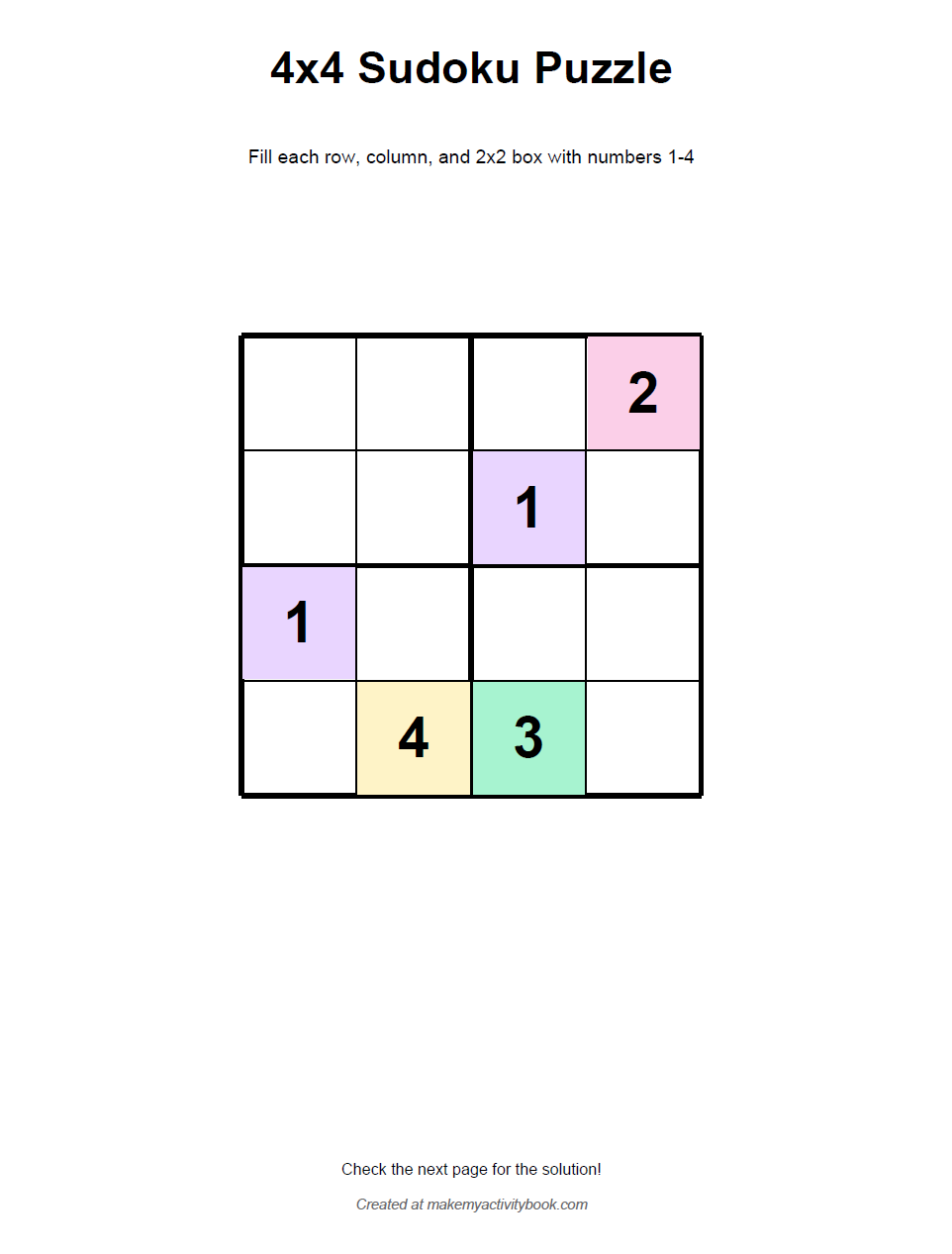 Free printable medium 4x4 sudoku worksheet for kids ages 6-7 with answer key